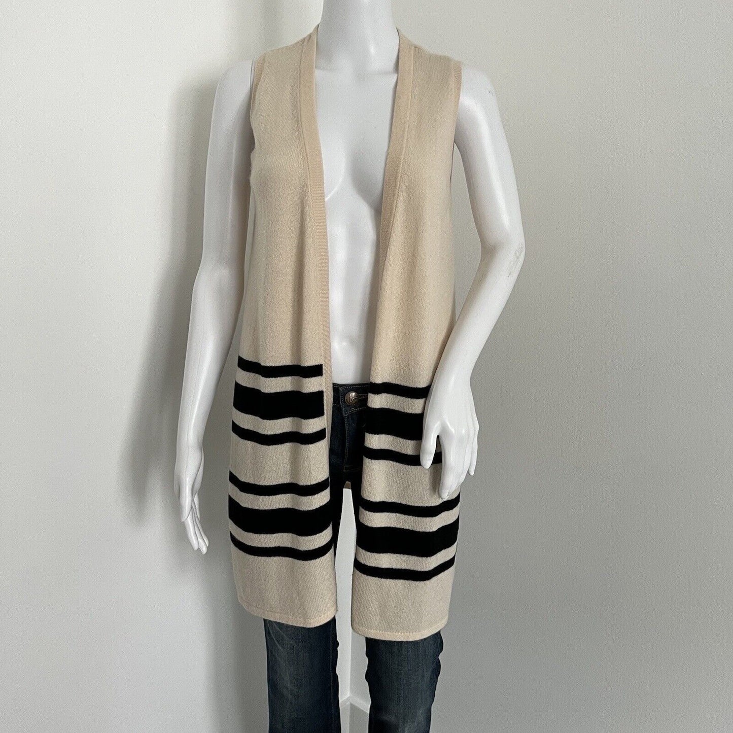 kokun Women Cardigan Size XS 100% Cashmere Beige Colorblock Open Sleeveless