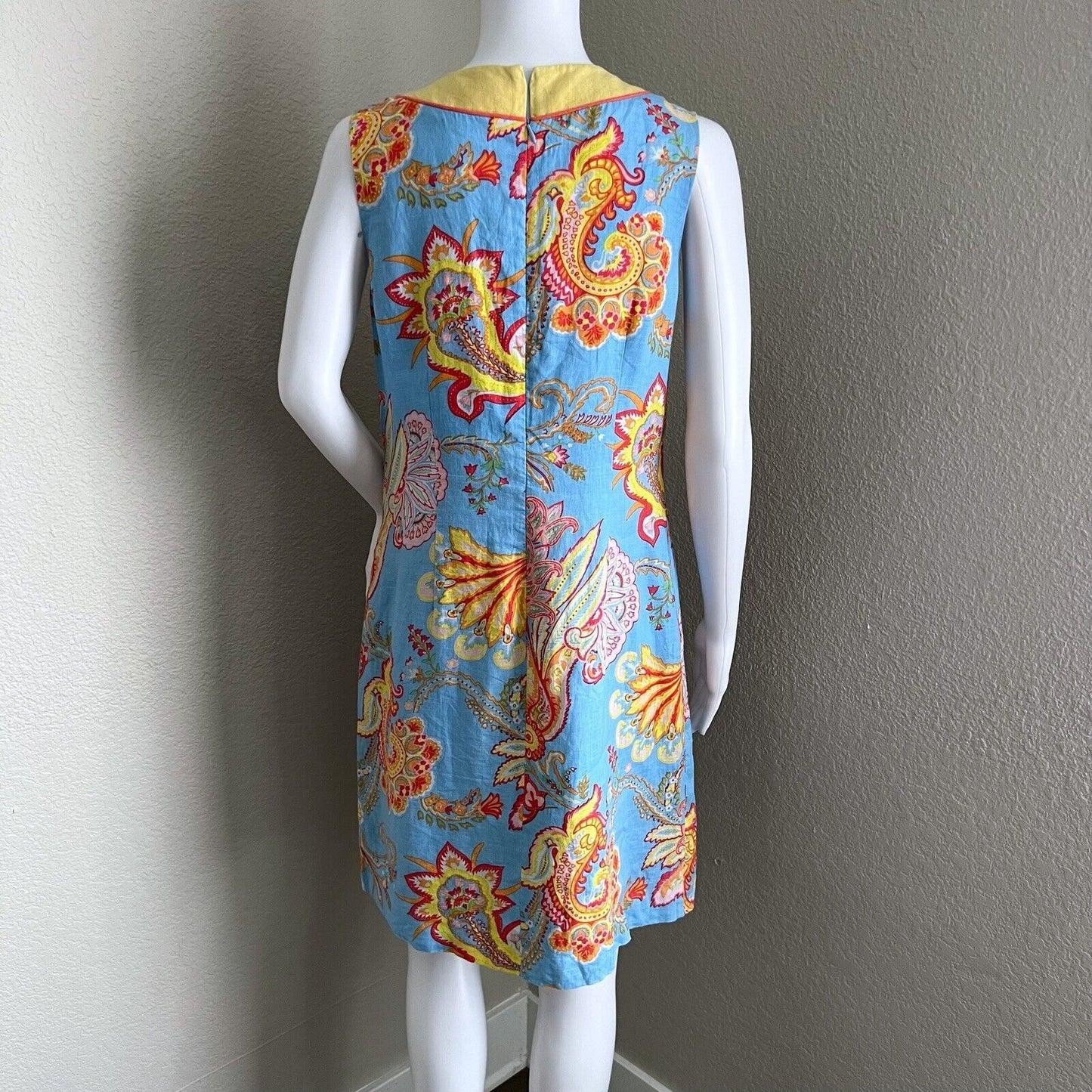 J McLaughlin Dress Size 8 Linen Shift Vneck Blue Yellow Paisley Floral