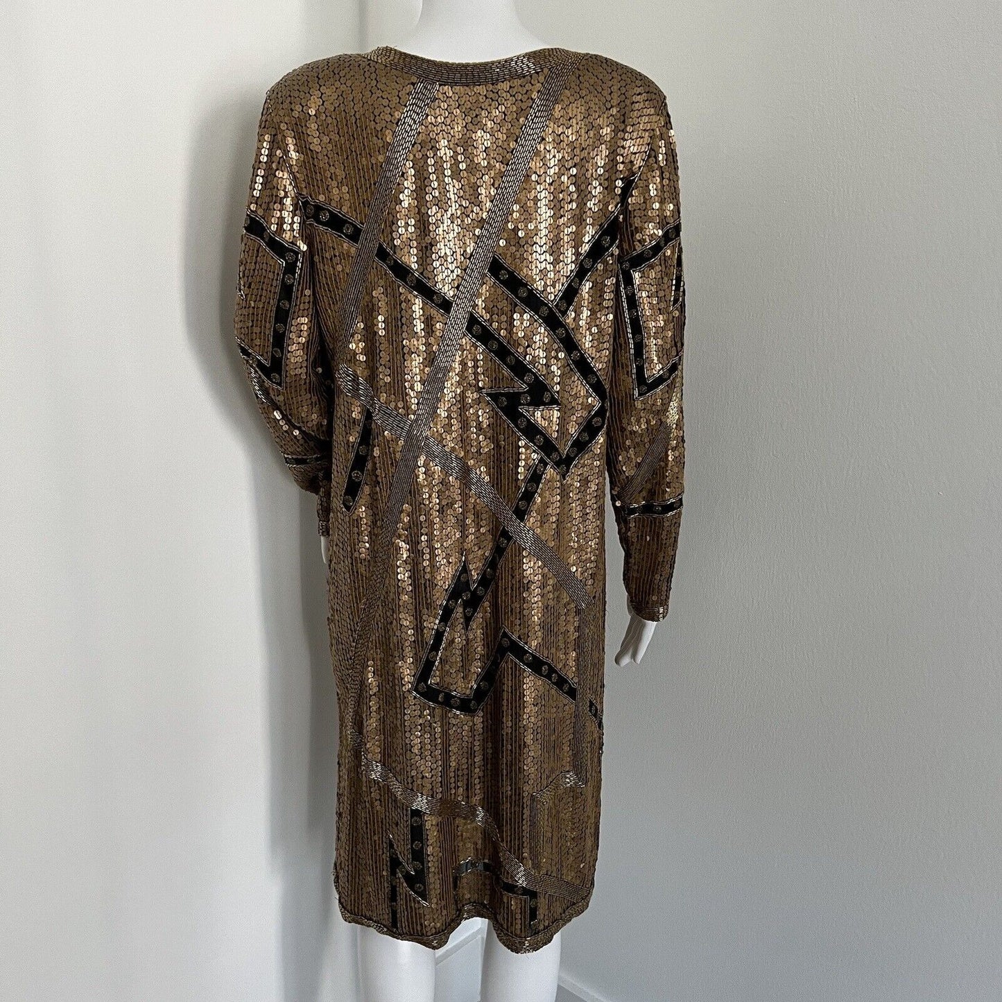 Vintage 90's Women Party Dress Size 8 Sequin Gold Black Lightning Silk