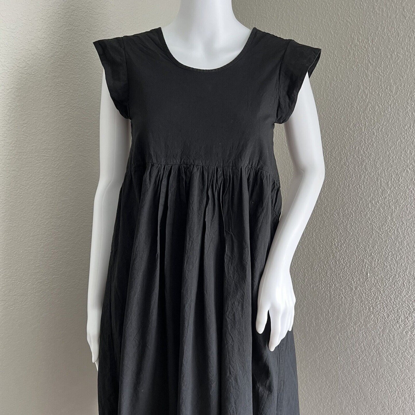 Datura Empire Waist Dress Size 1 S Black Cap Sleeve Midi 100% Cotton VBack Spain