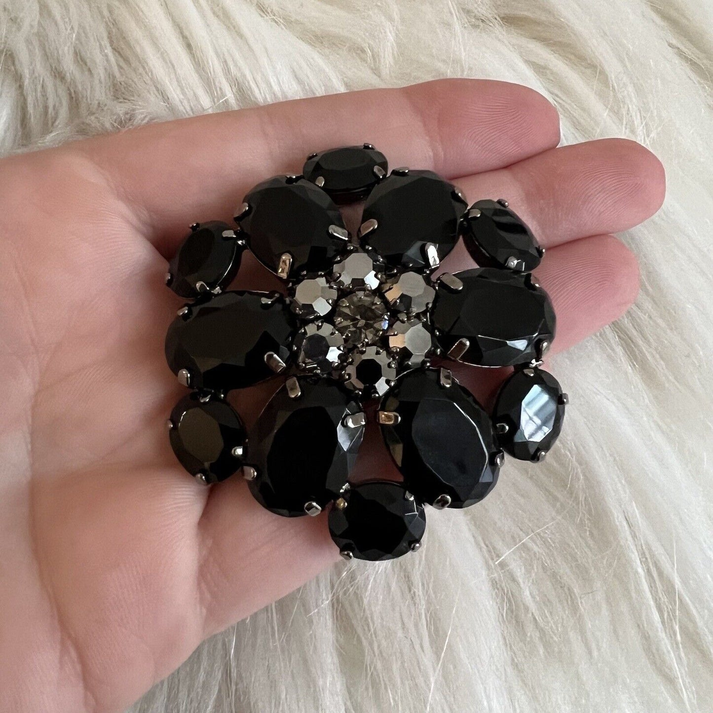 Statement Cluster Brooch Black Faceted Glass Round Rhinestone Flower Gunmetal