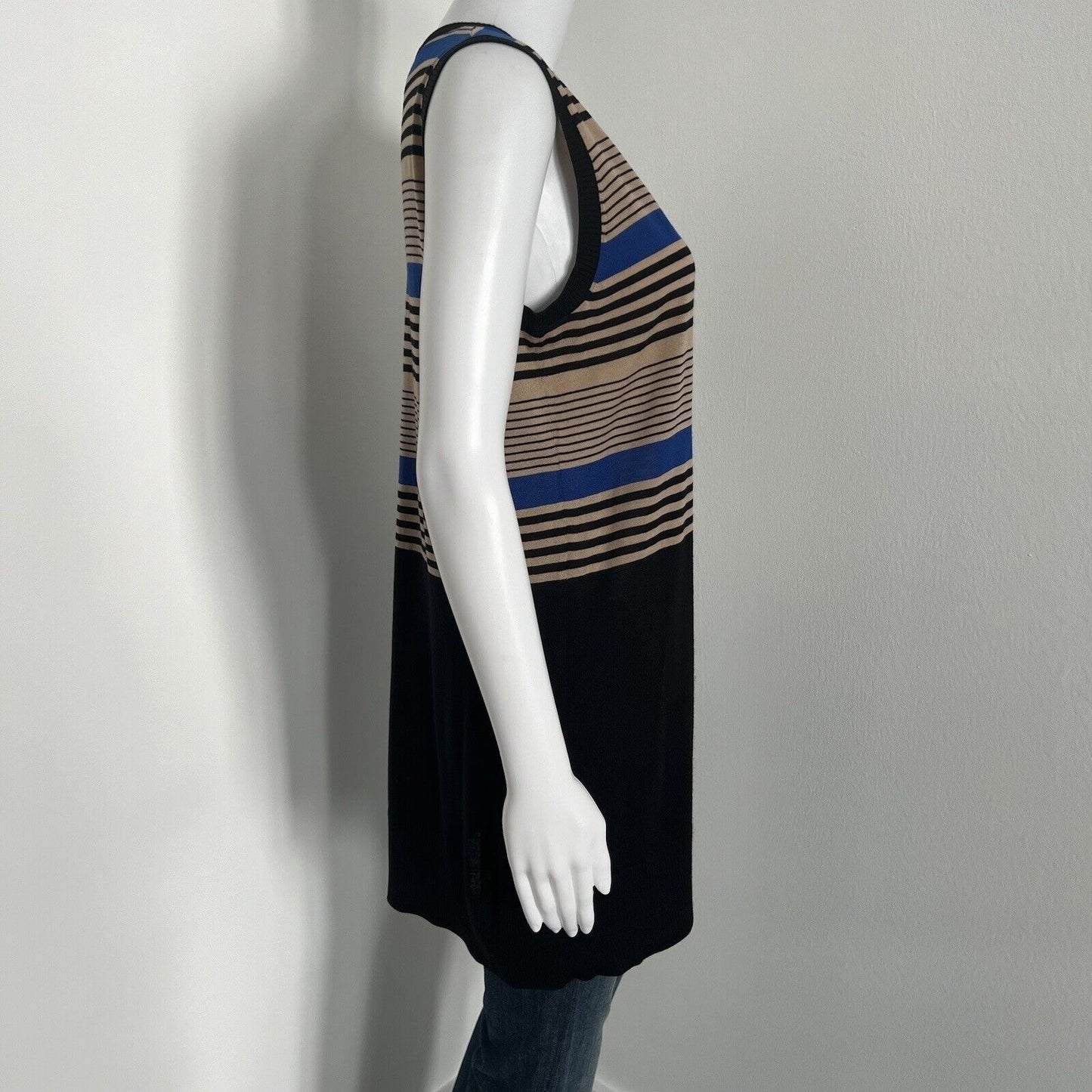 Akris Punto Sleeveless Top Size 12 44 100% Wool Blue Black Striped Colorblock