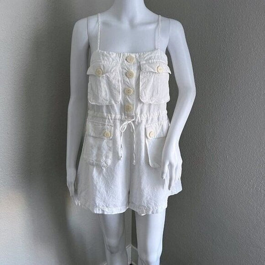 Ceme Women's Romper Size S White Cargo Pocket Spaghetti Strap Cotton