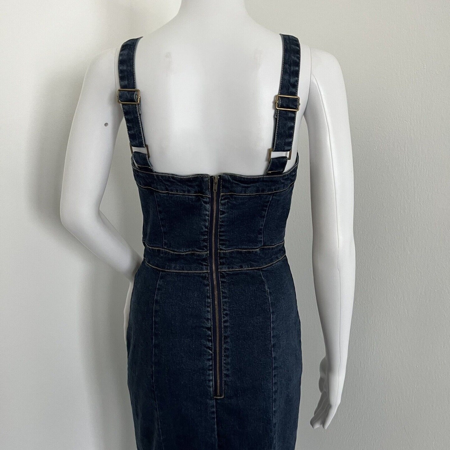 Kookai Women Casella Dress Size 6 38 True Indigo Blue Denim Stretch Square Neck