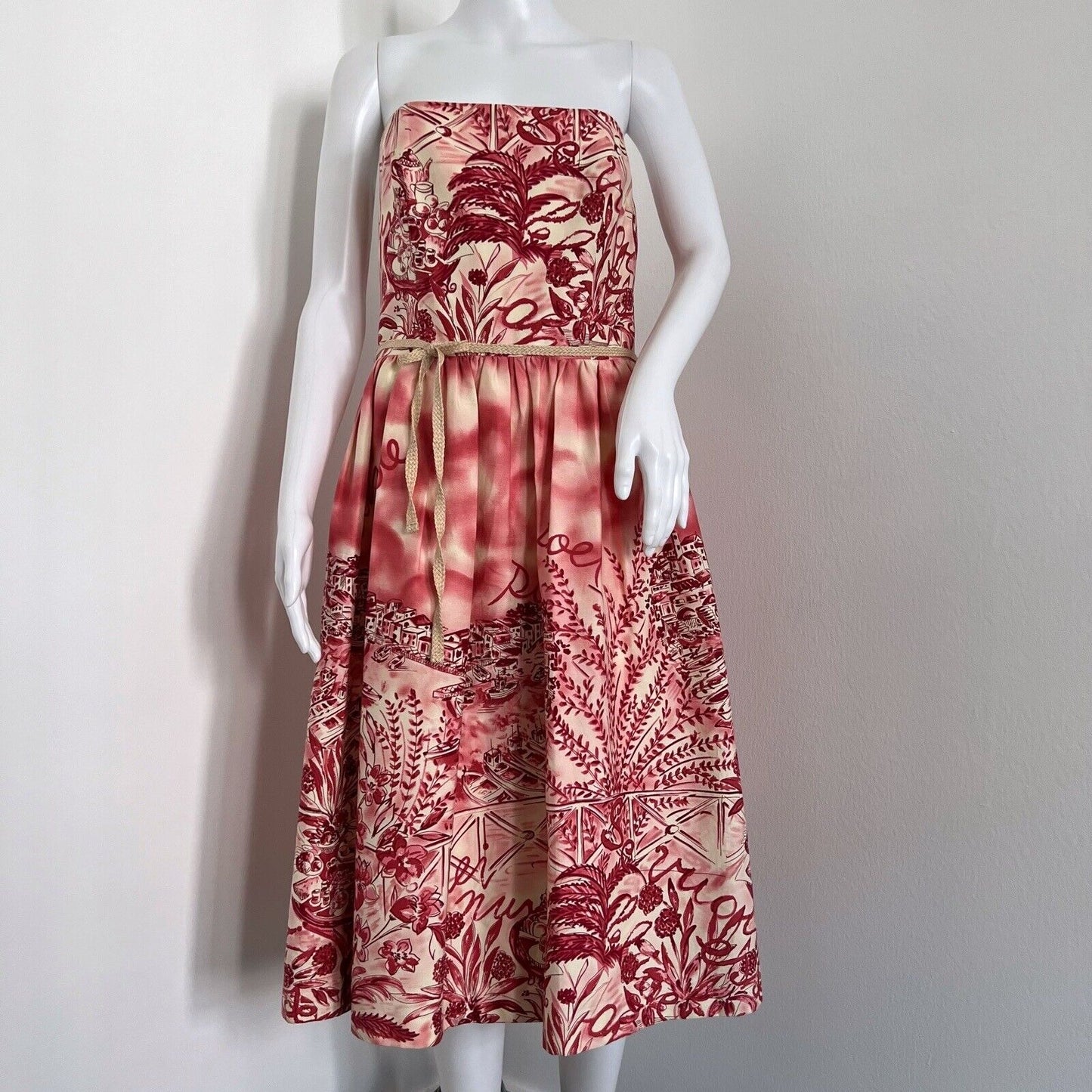 David Meister Dress Size 8 Pink Strapless Cocktail Tea Party Belted Unique Print