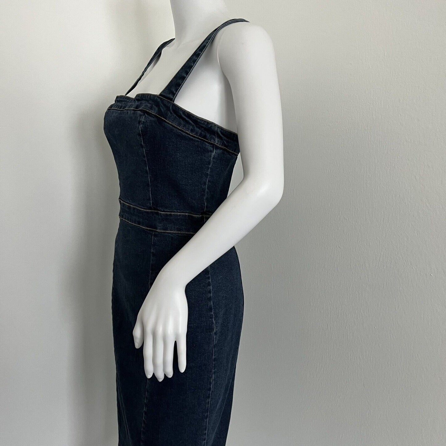 Kookai Women Casella Dress Size 6 38 True Indigo Blue Denim Stretch Square Neck