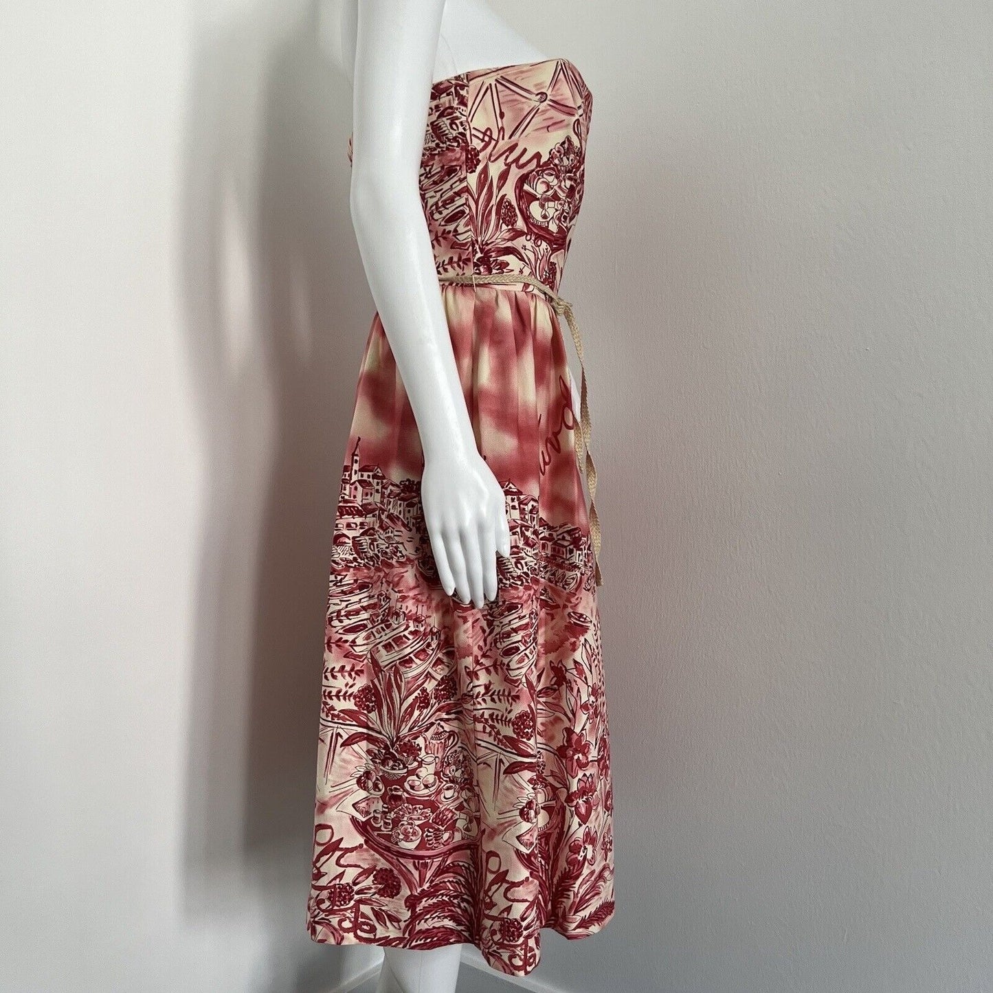 David Meister Dress Size 8 Pink Strapless Cocktail Tea Party Belted Unique Print