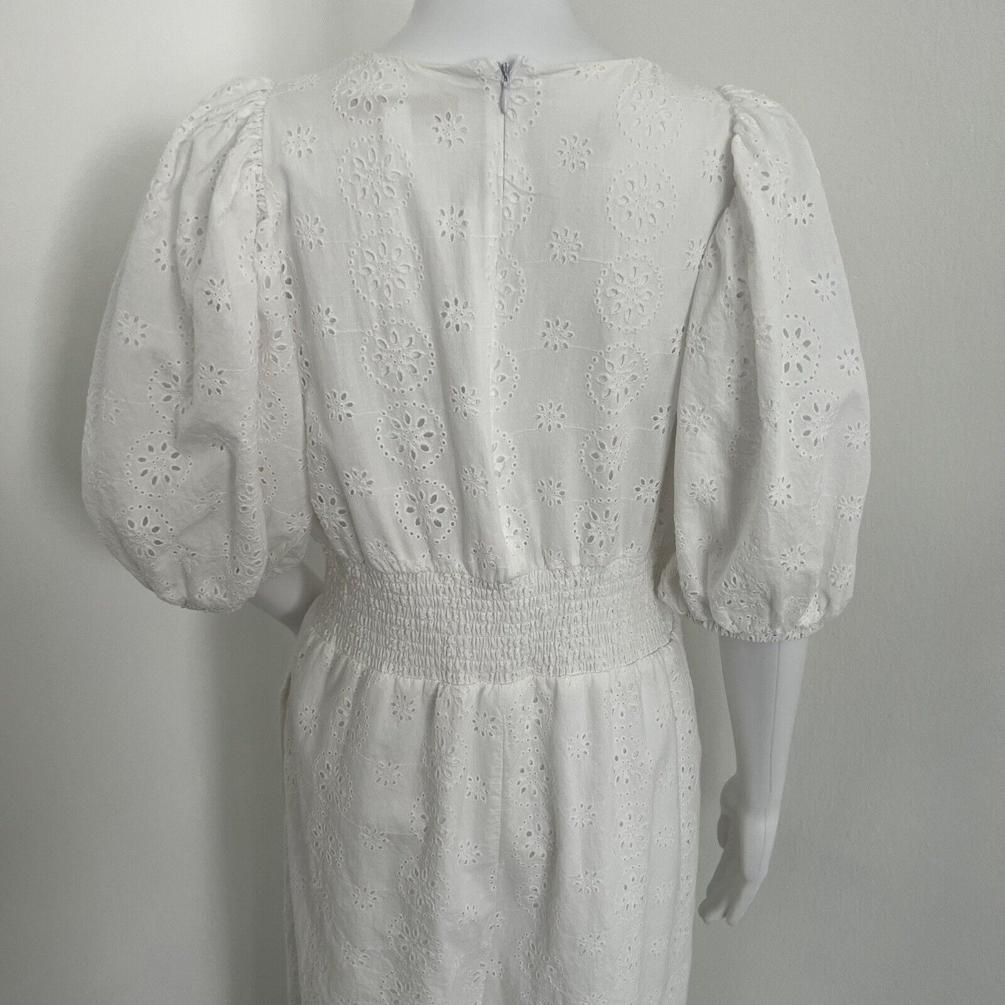 Hutch Women's Jumpsuit Size L White Eyelet Puff Sleeve Vneck Pockets Cotton