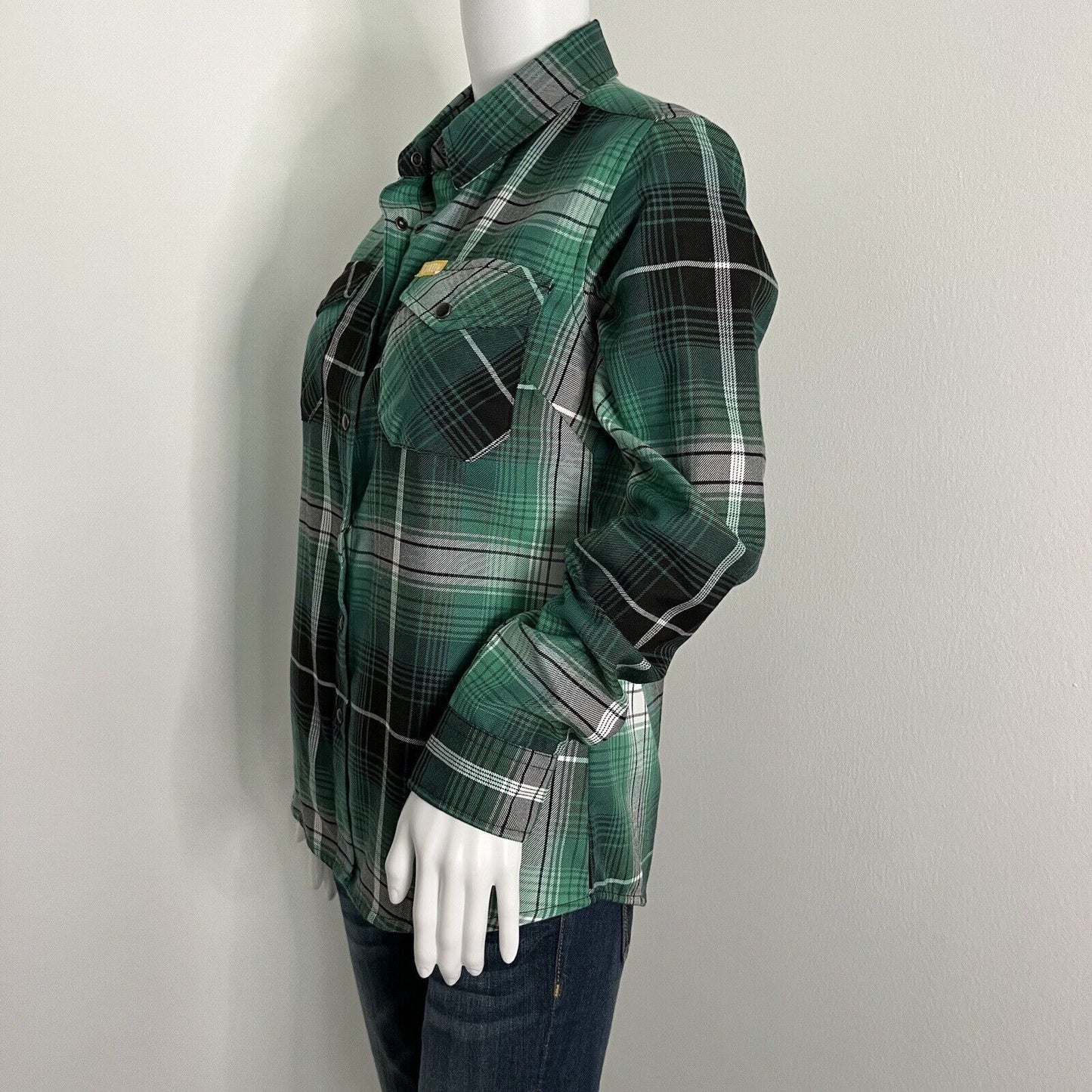 Dixxon Women's Reilly Flannel Shirt Size S Green Black Plaid Snap Front Luck