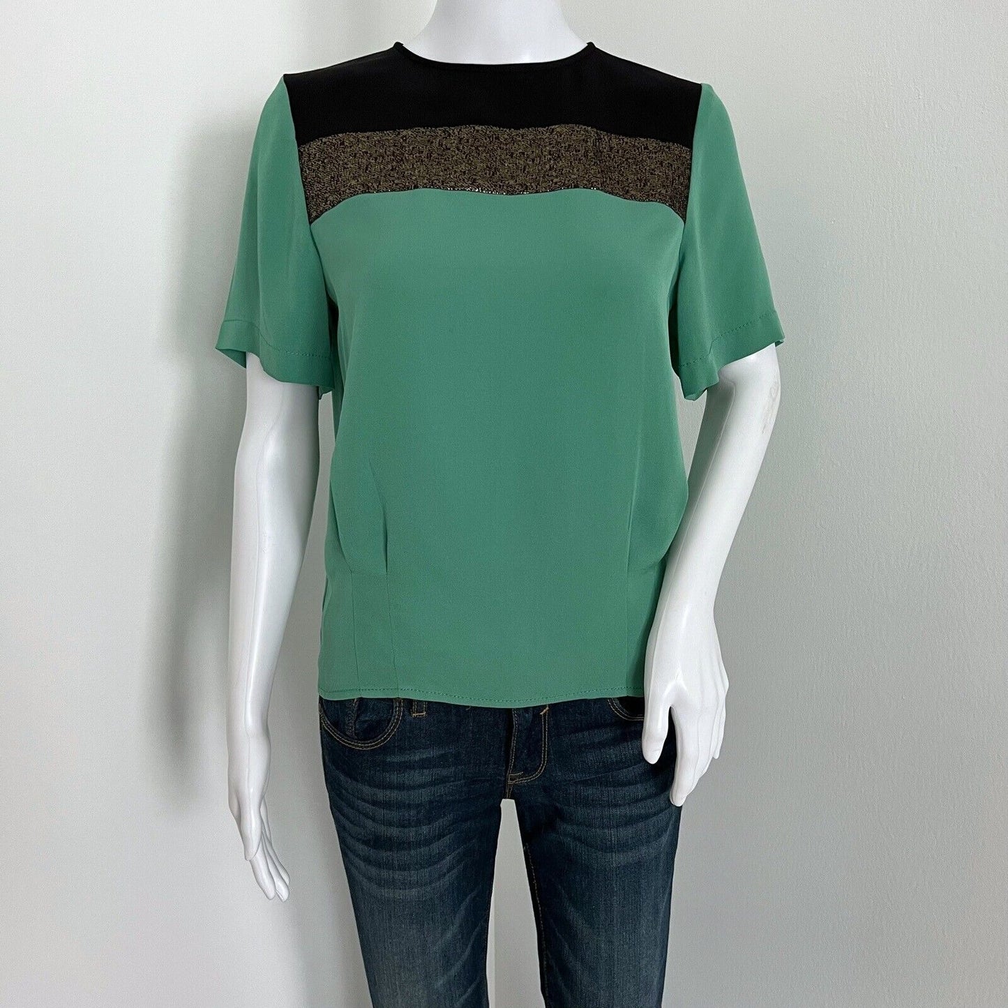 Diane von Furstenberg Women's Silk Blouse Size 6 Green Colorblock Short Sleeve