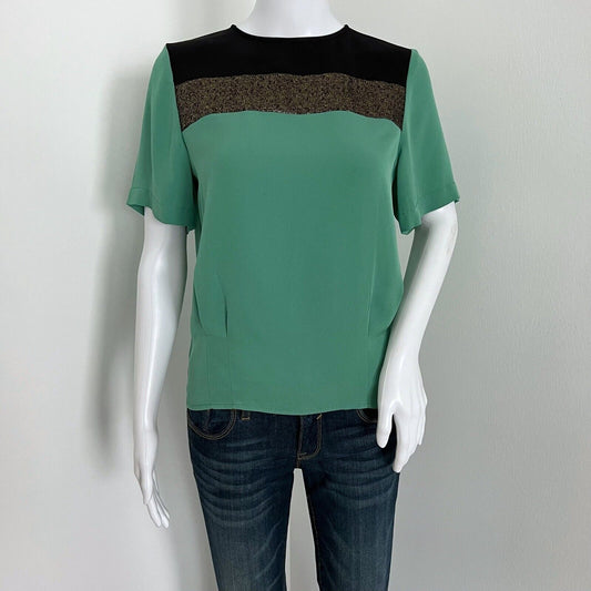 Diane von Furstenberg Women's Silk Blouse Size 6 Green Colorblock Short Sleeve