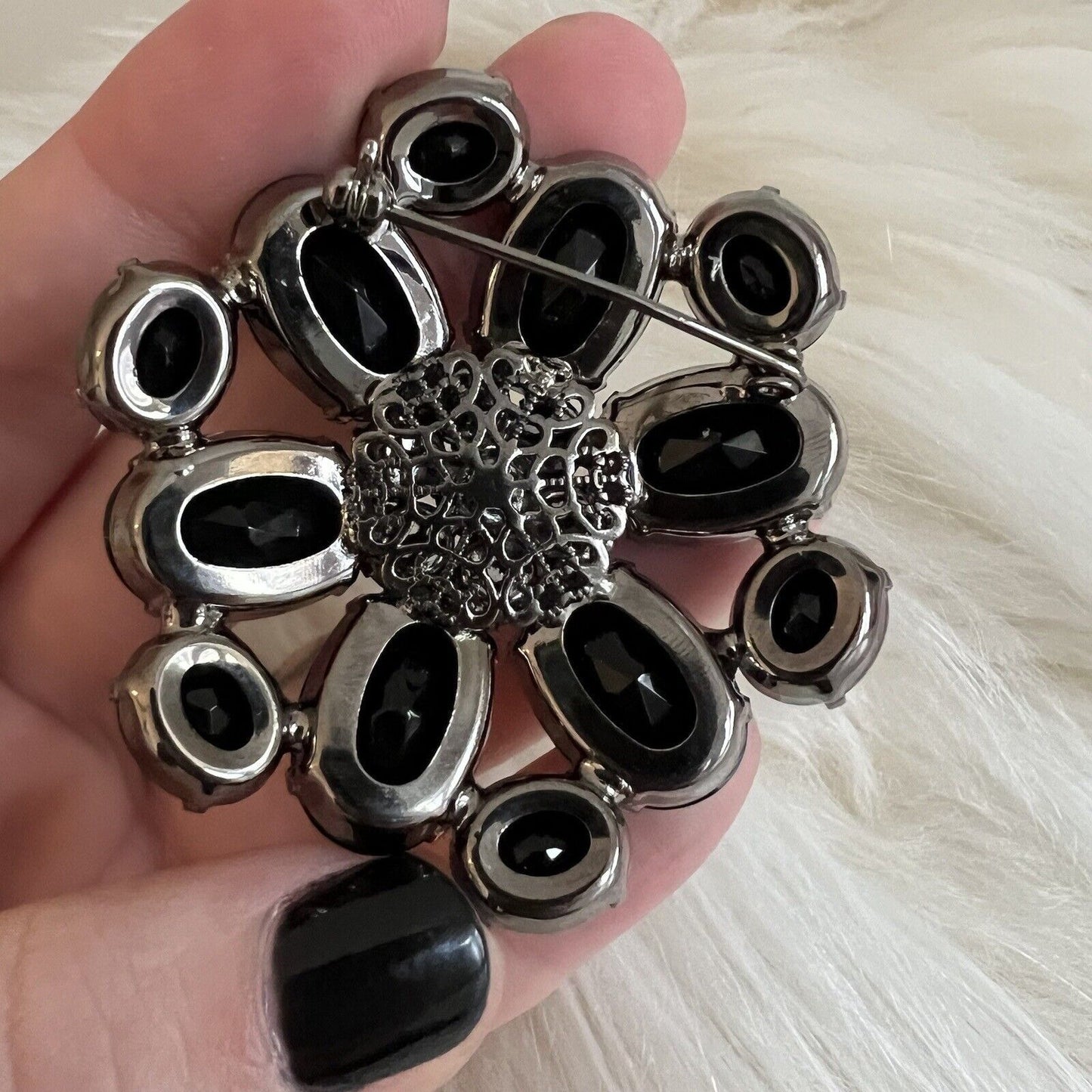 Statement Cluster Brooch Black Faceted Glass Round Rhinestone Flower Gunmetal