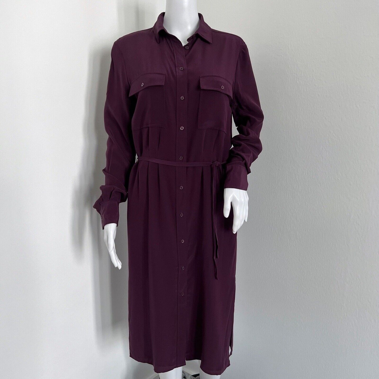 Joseph Women Caron Silk Shirt Dress Size 38 M Eggplant Purple Long Sleeve Belted