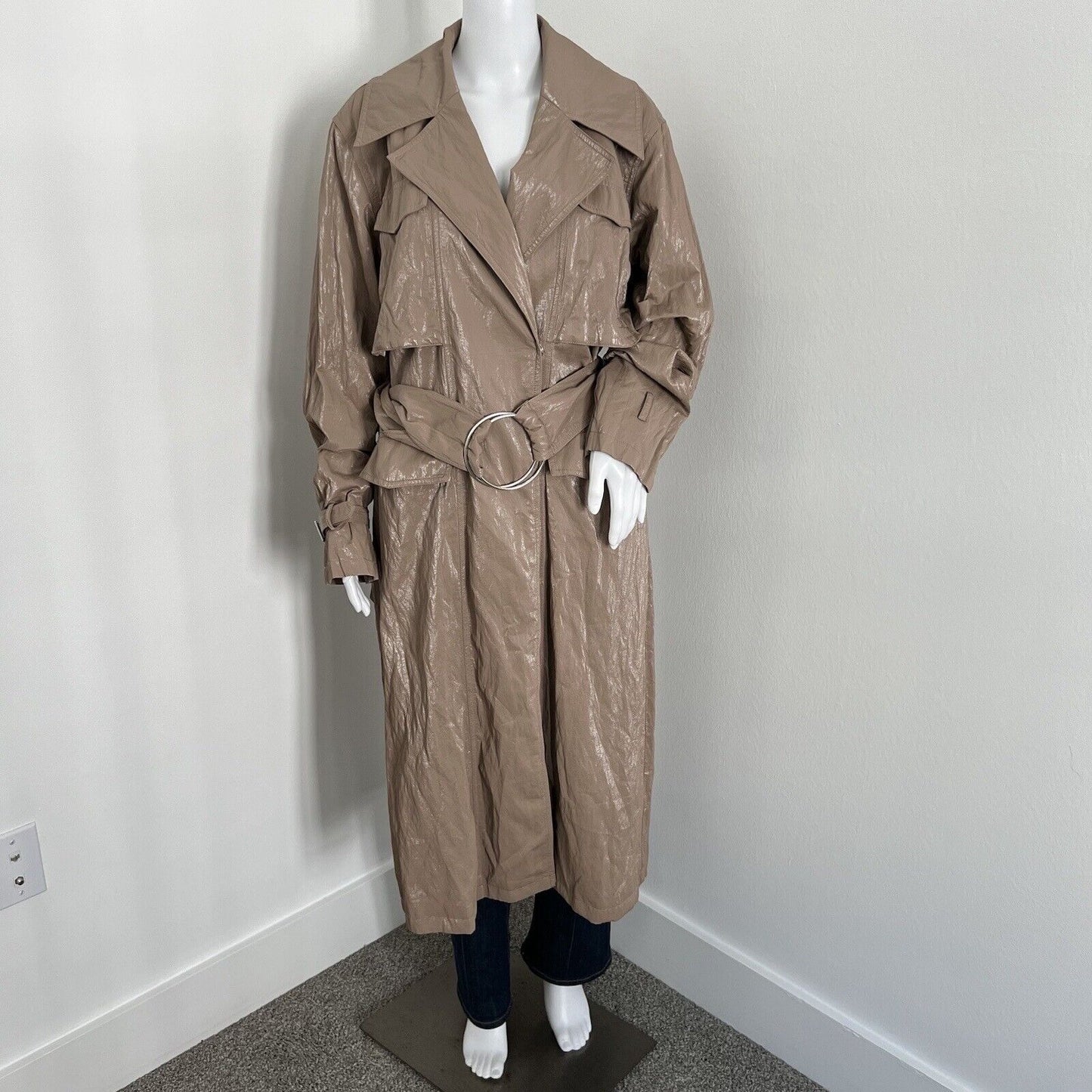 L'Academie Women's Cammi Trench Coat Size Tan Gold Metallic Sheen