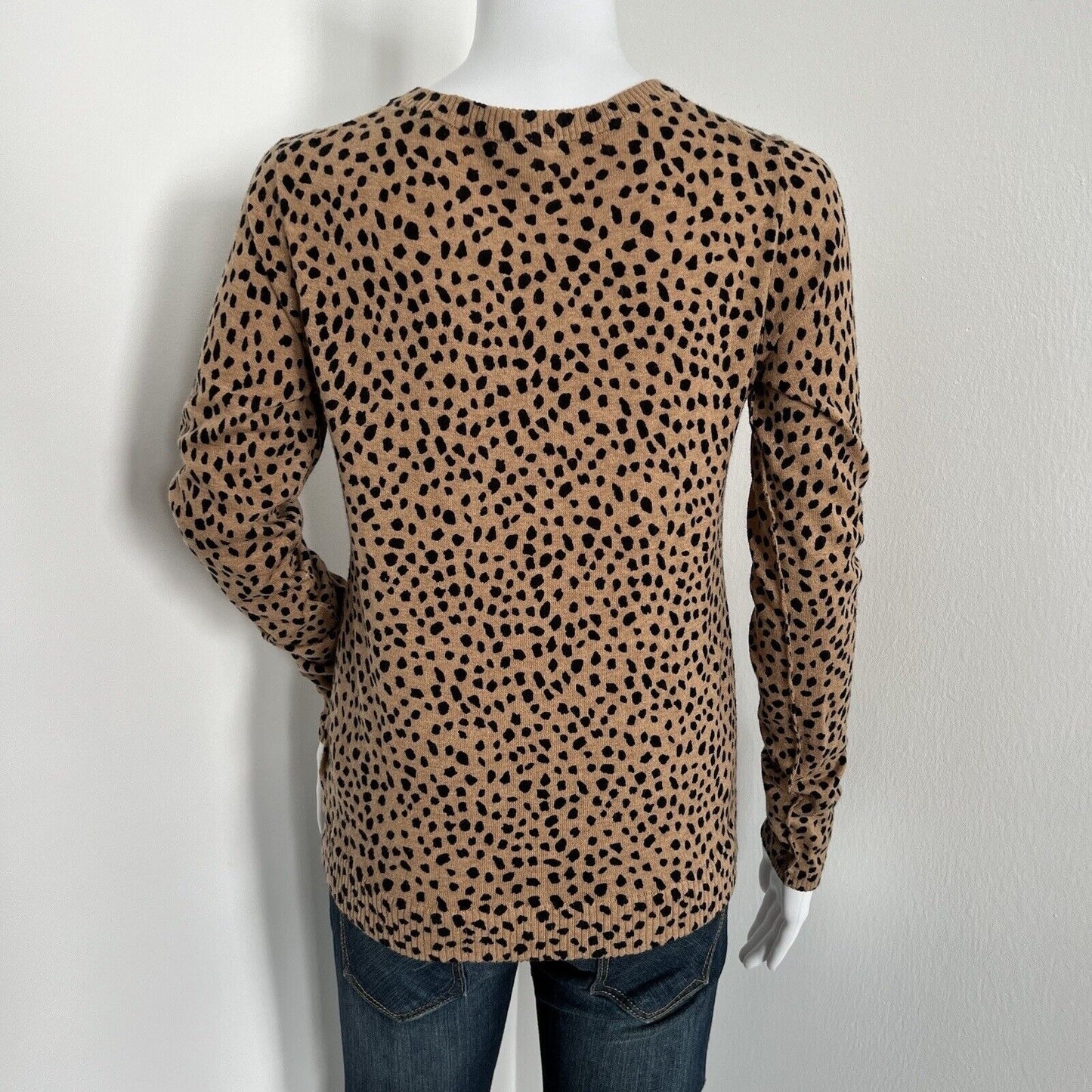 ATM Women's Leopard Spot Sweater Size XS Camel Black Vneck Cotton Cashmere