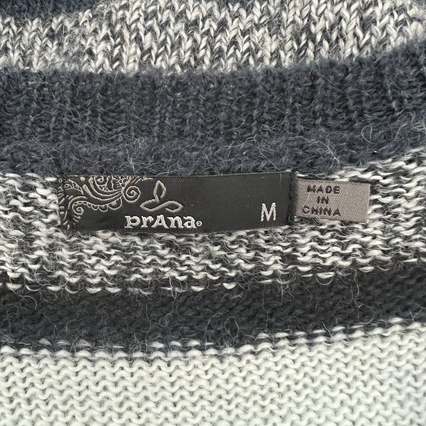 prAna Women's Nautical Seffi Sweater Size M Wool Blend Blue Gray Striped Relaxed