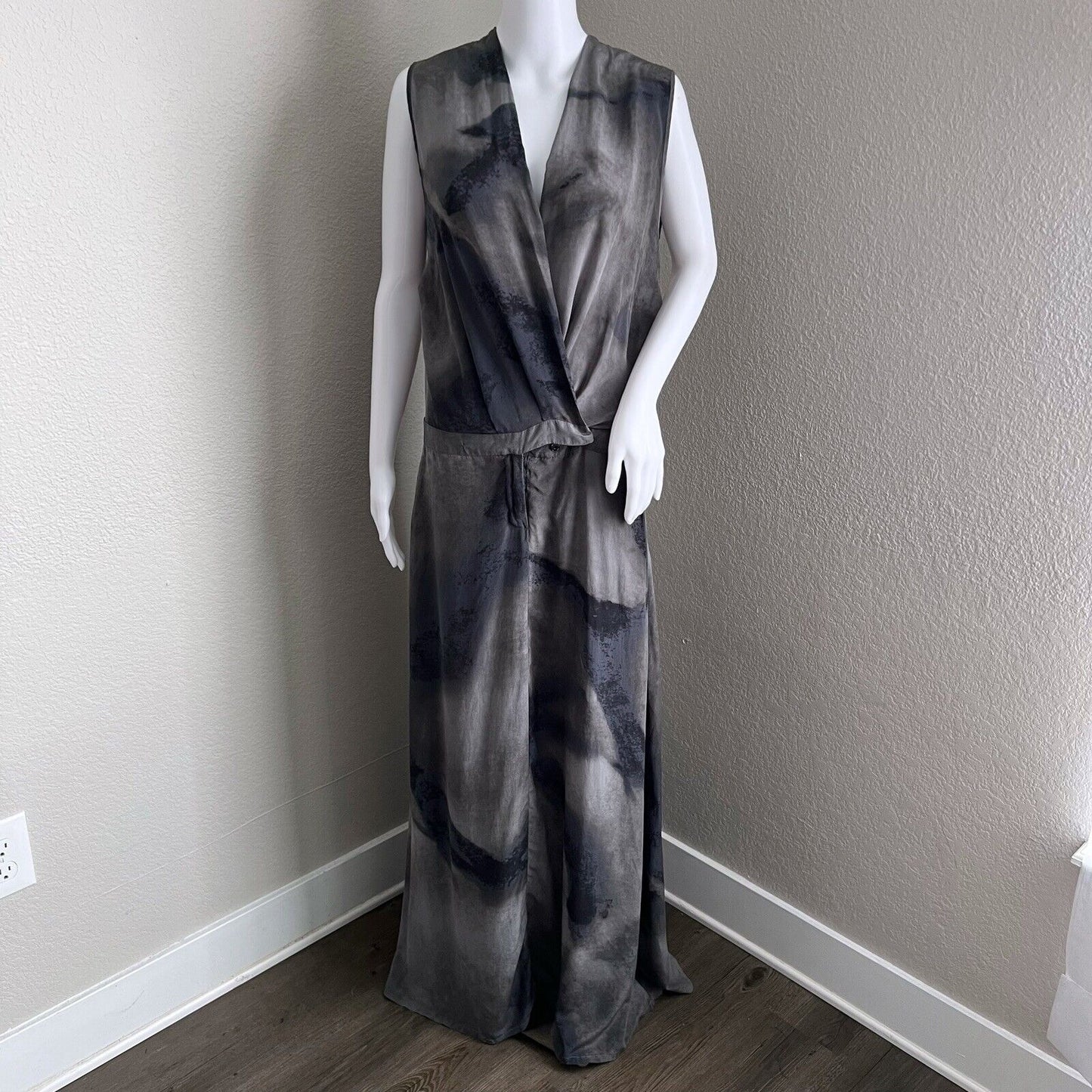 Biya Johnny Was Dress Size S Gray Blue 100% Silk Vneck Wrap Maxi with Pockets