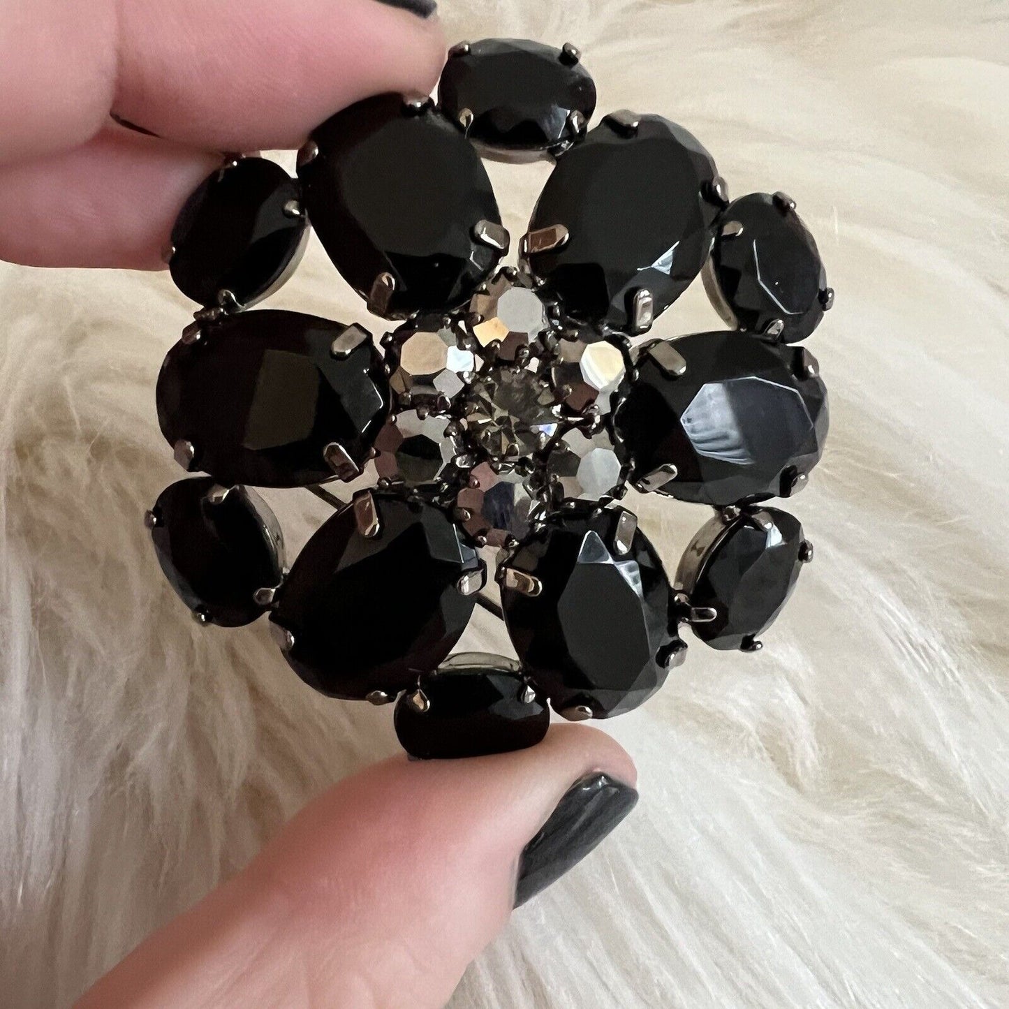 Statement Cluster Brooch Black Faceted Glass Round Rhinestone Flower Gunmetal