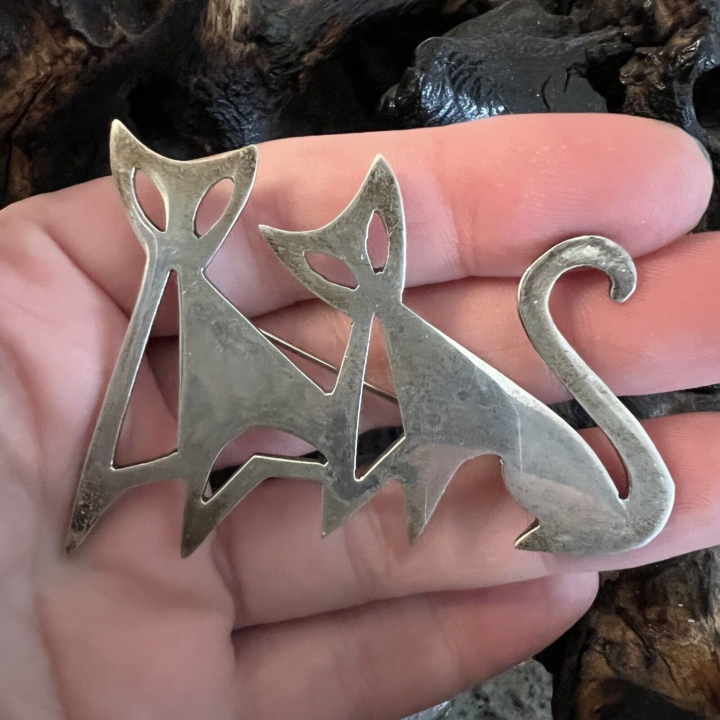 Vintage Mexican Sterling Silver Modernist Cat Brooch Atomic Art