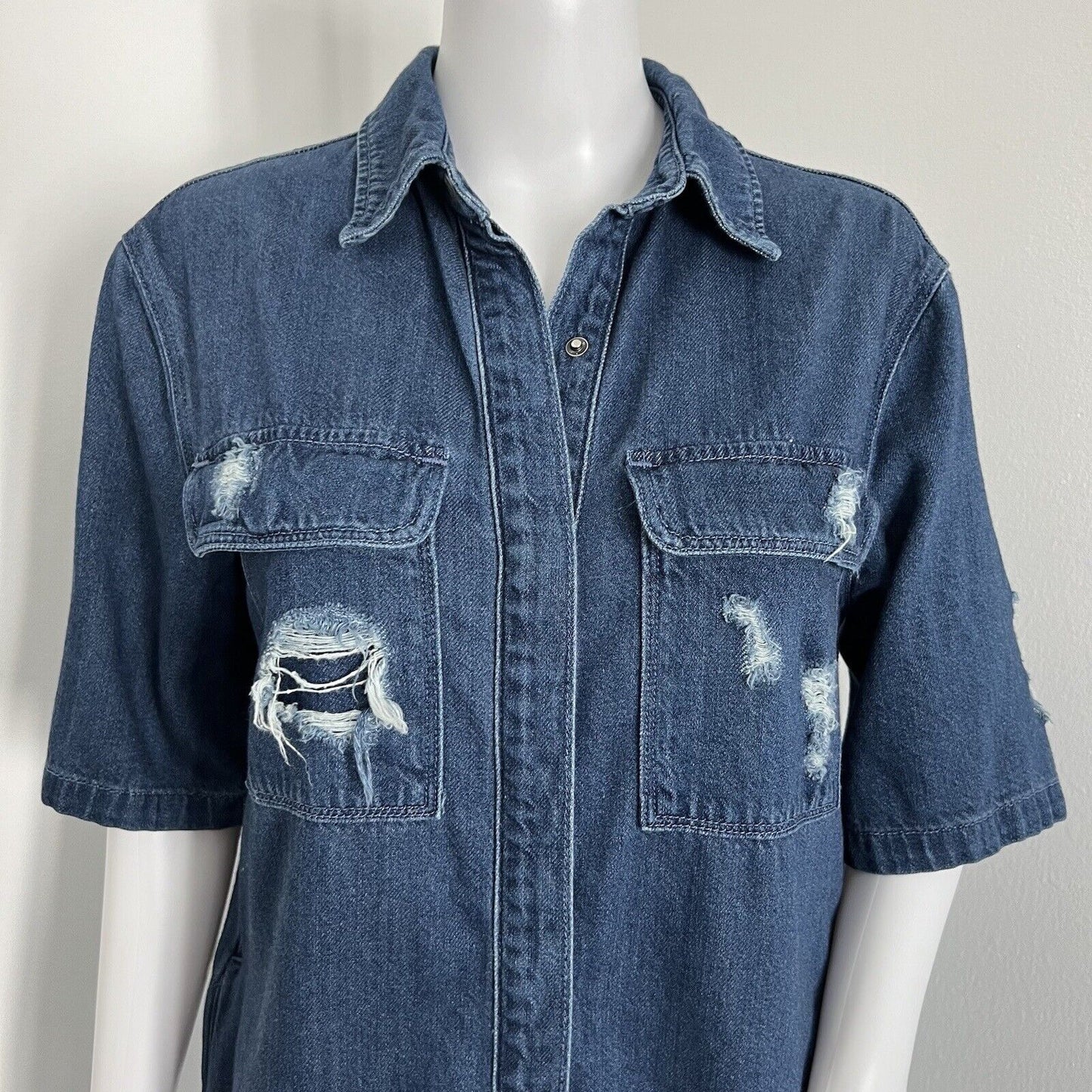 Hidden Jeans Women's Denim Shirt Dress Size S Boho Distressed Raw Hem Snap Front