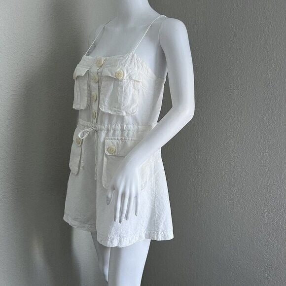 Ceme Women's Romper Size S White Cargo Pocket Spaghetti Strap Cotton