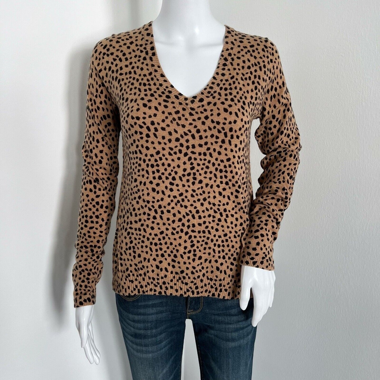 ATM Women's Leopard Spot Sweater Size XS Camel Black Vneck Cotton Cashmere