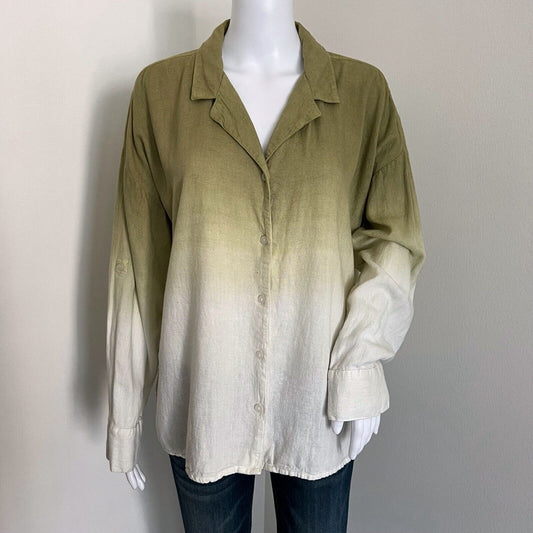 J by Jason Wu Women's Linen Ombre Top Size L Green White Collared Button Down