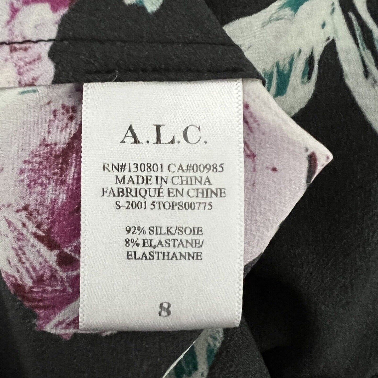 ALC Women's Millie Silk Blend Blouse Size 8 Black Floral Vneck Long Sleeve