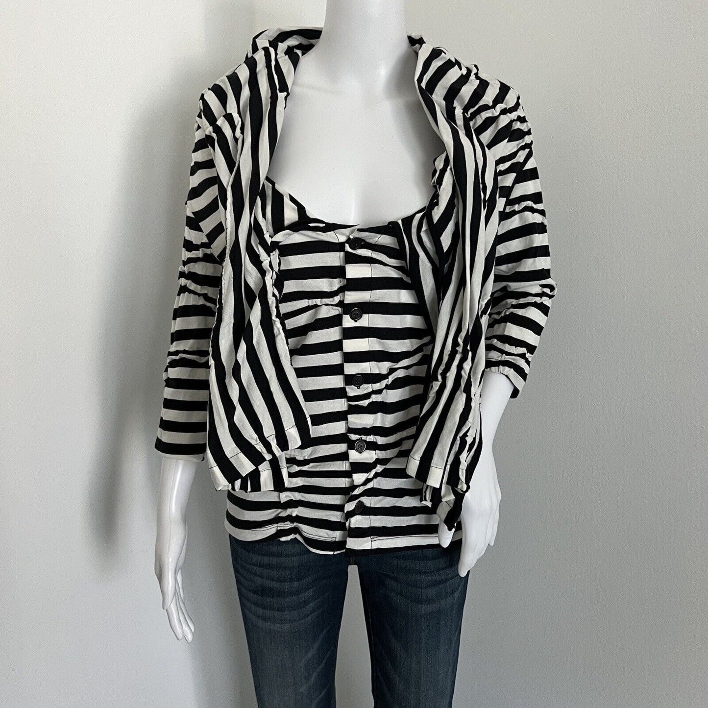 Y's Yohji Yamamoto Women's Blouse Size 2 S Black White Stripe Tie Collar Japan