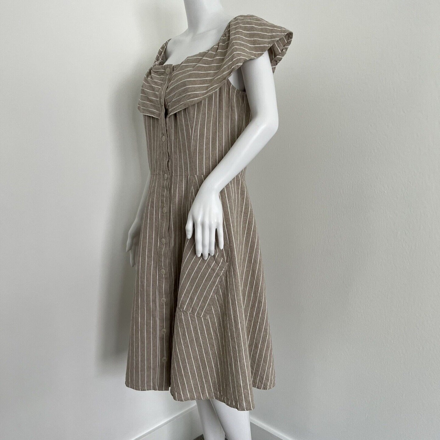 Saks 5th Ave Dress Plus Size 14 Beige Stripe Nautical Pockets Linen Blend