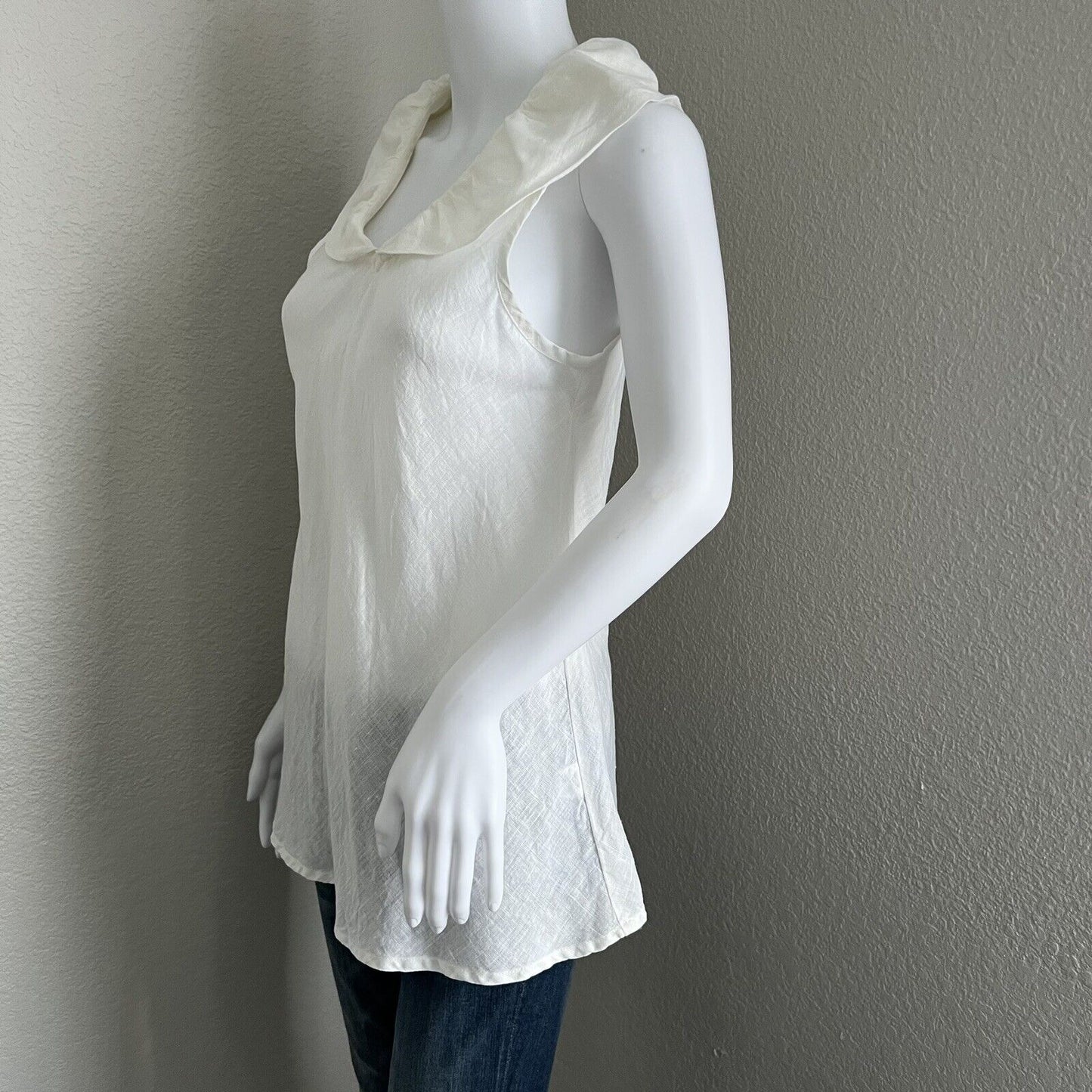 FLAX Women's Ruffle Collar Top Size P Small White Sleeveless 100% Linen