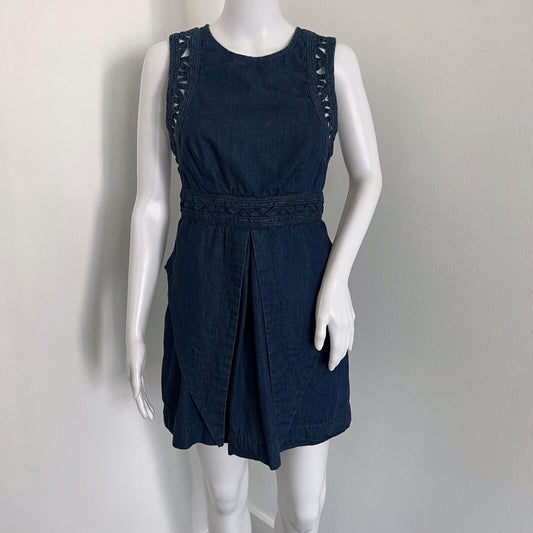 Free People New Romantics Women's Highland Mini Dress Size 6 Denim Blue Caged