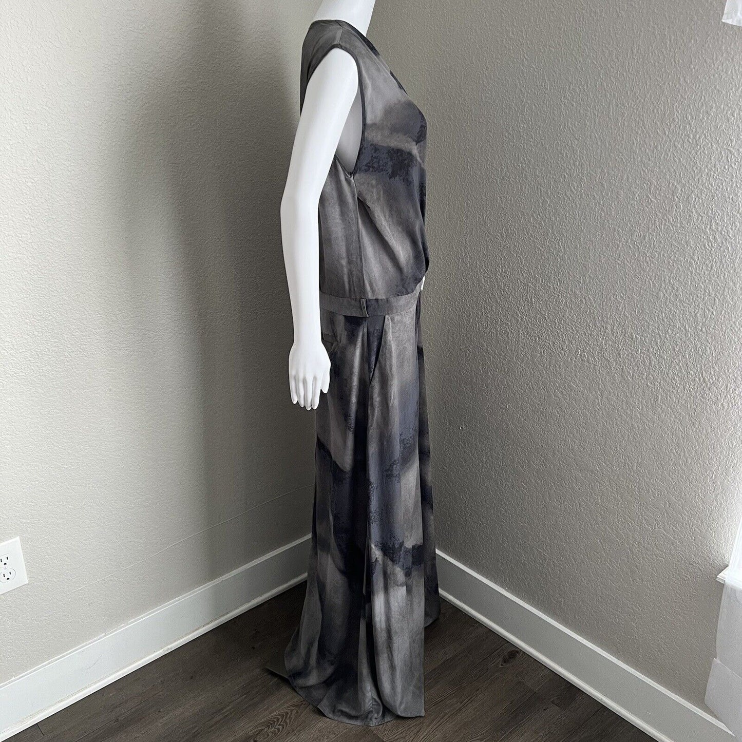 Biya Johnny Was Dress Size S Gray Blue 100% Silk Vneck Wrap Maxi with Pockets