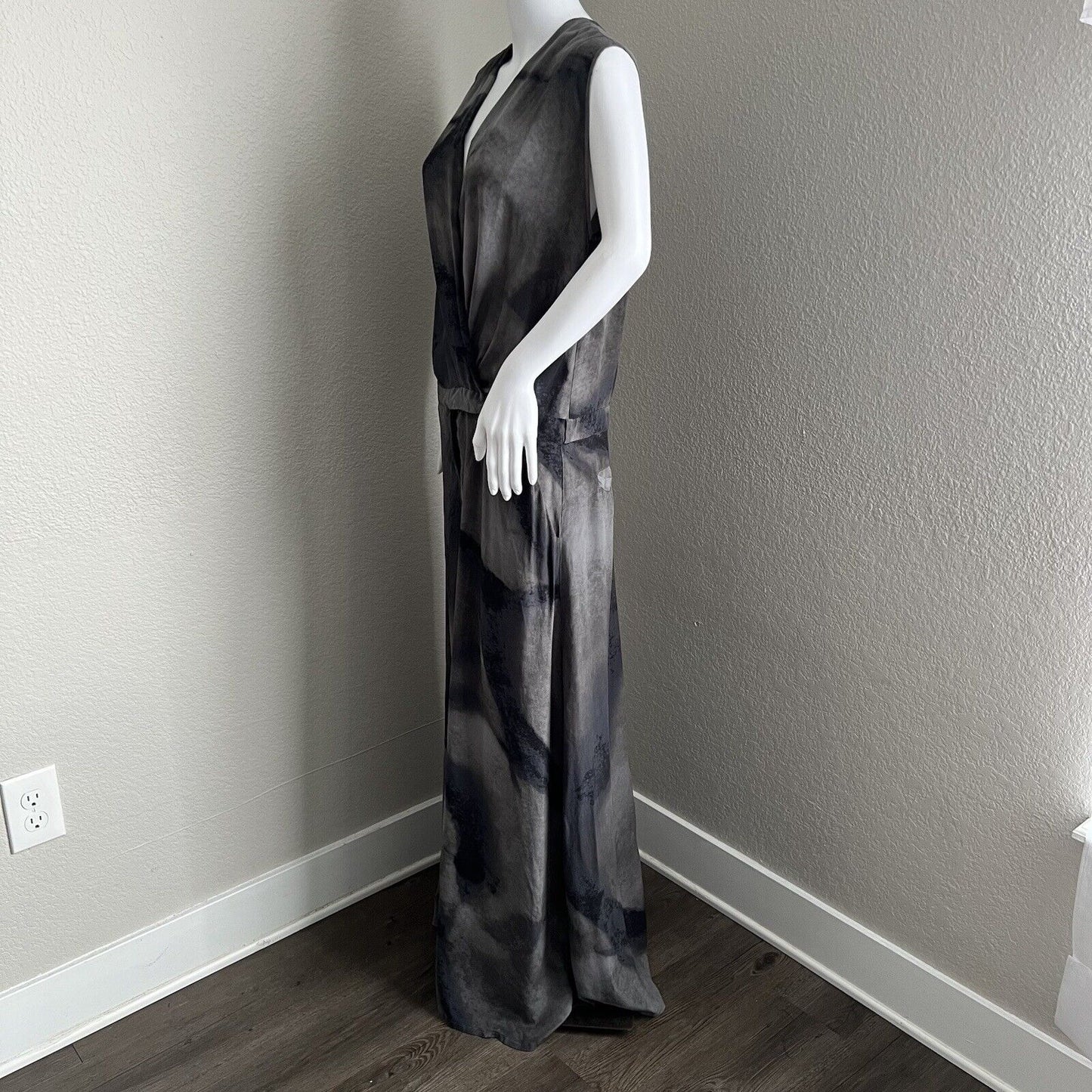 Biya Johnny Was Dress Size S Gray Blue 100% Silk Vneck Wrap Maxi with Pockets