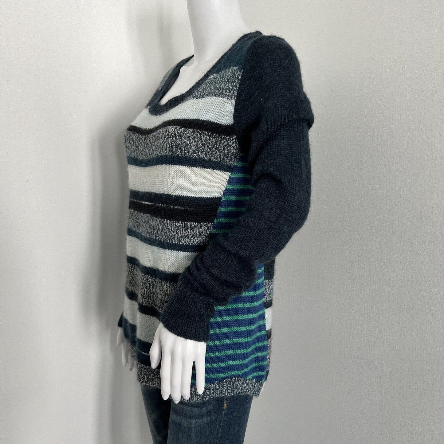 prAna Women's Nautical Seffi Sweater Size M Wool Blend Blue Gray Striped Relaxed