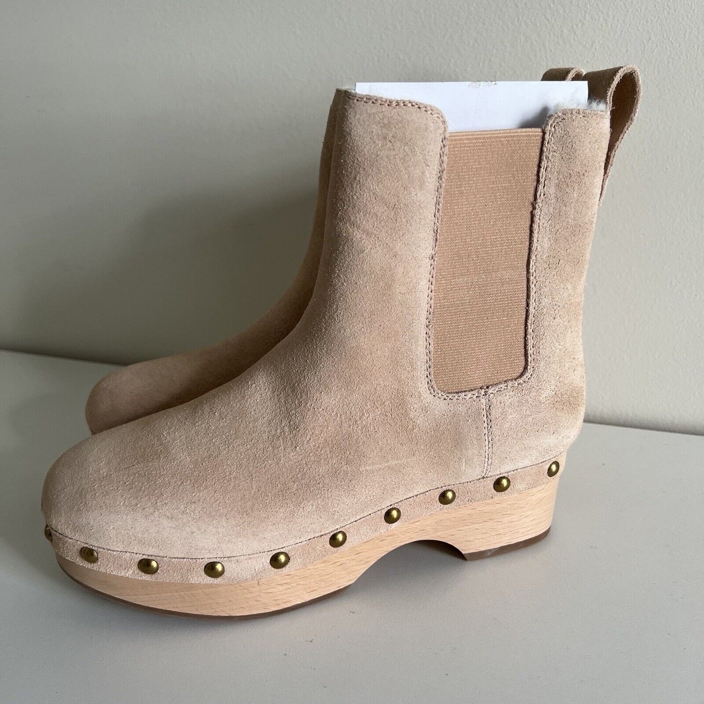 J. Crew Women Faux Fur Lined Clog Boots Size 5.5 Suede Chelsea Beige Comfy BD336