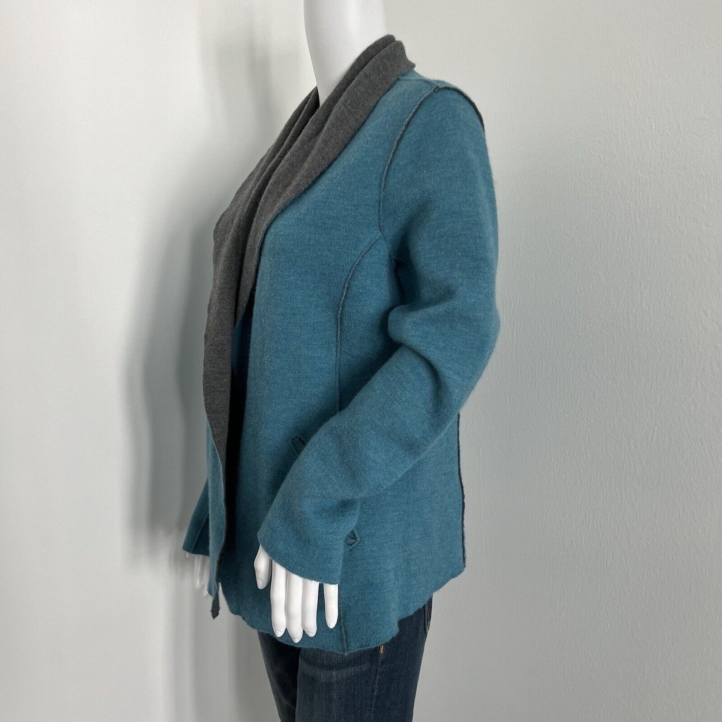 Eileen Fisher Women Merino Wool Blend Jacket Size Petite L PL Blue Gray Pockets