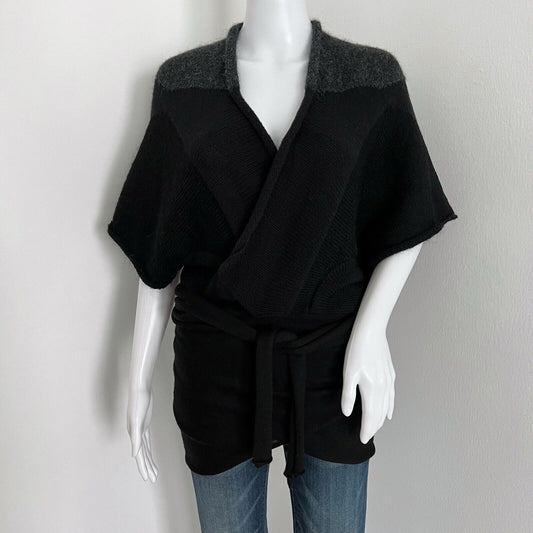 Guinevere Women Wrap Cardigan Sz S M Black Gray Short Sleeve Wool Alpaca Mohair