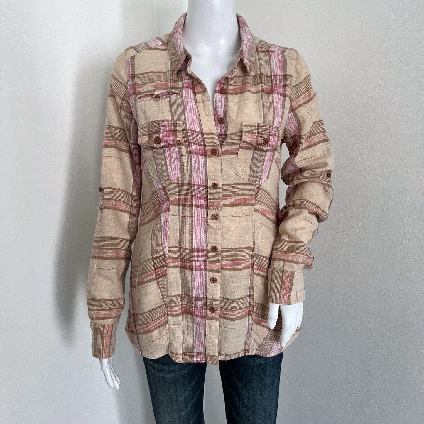 Free People Women Linen Blend Flannel Shirt Size S Fall Hayride Plaid Pink Brown