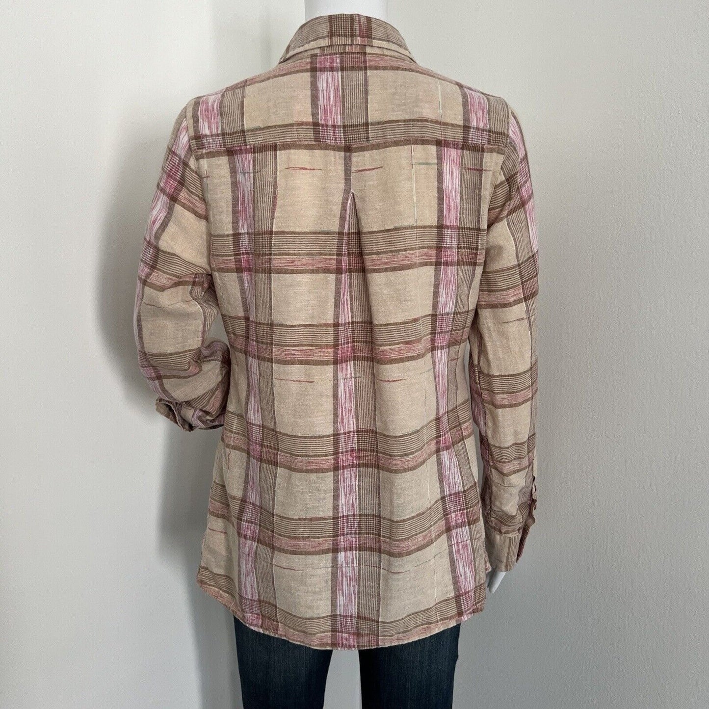 Free People Women Linen Blend Flannel Shirt Size S Fall Hayride Plaid Pink Brown