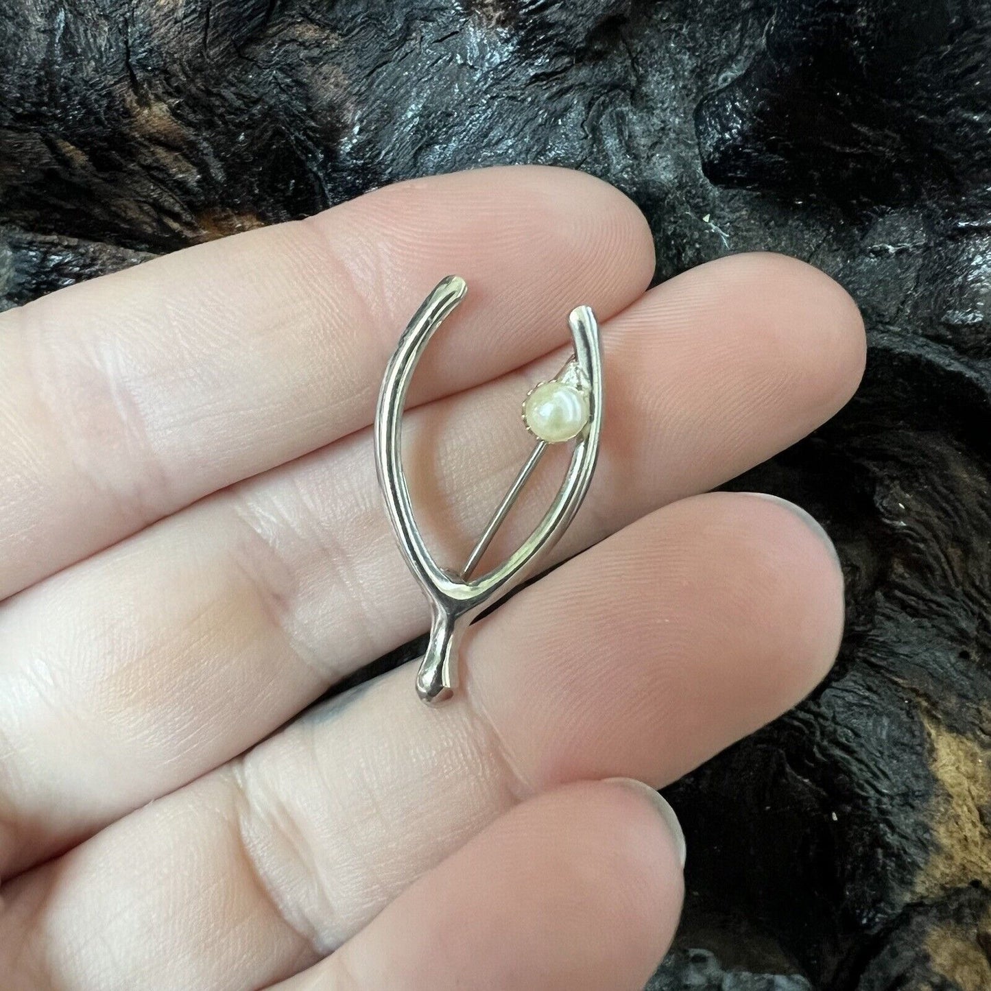 Vintage Sterling Wishbone Brooch Pin Small with Faux Pearl Accent Good Luck