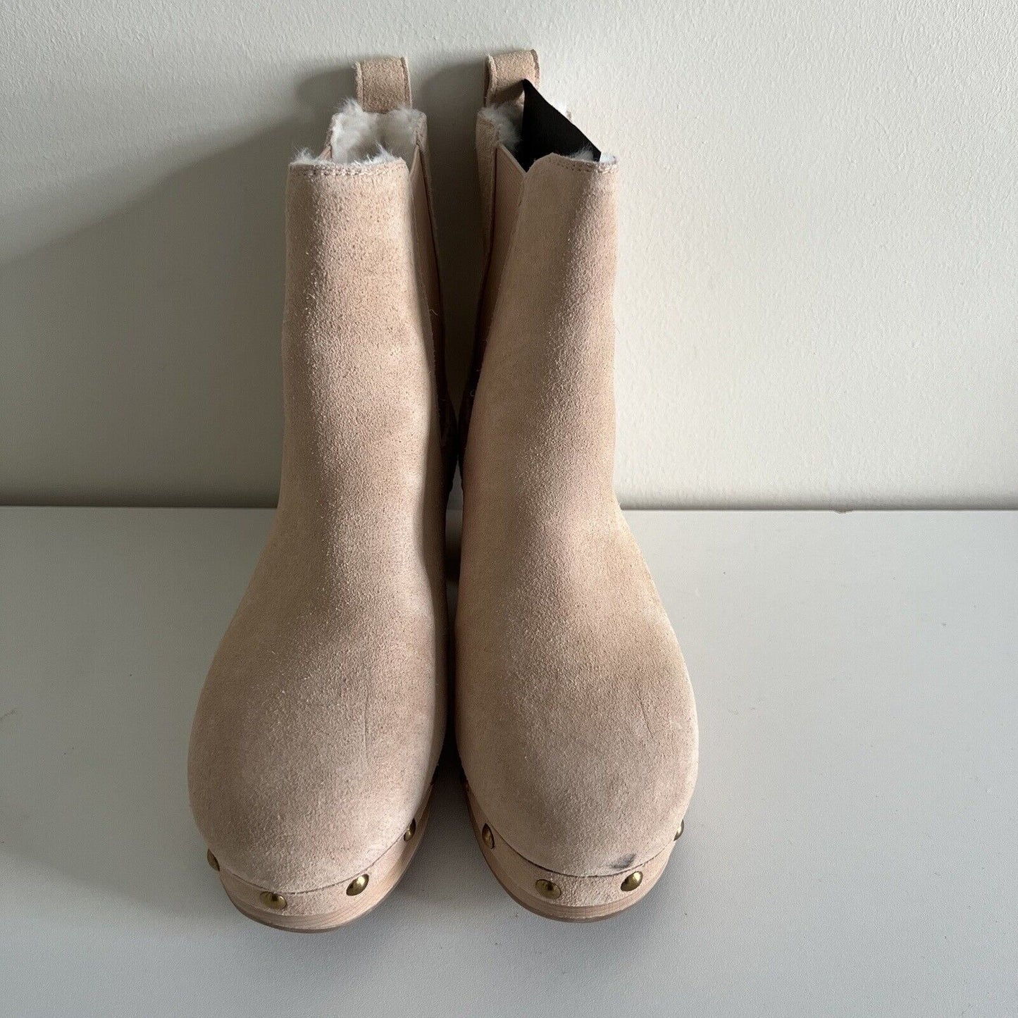 J. Crew Women Faux Fur Lined Clog Boots Size 5.5 Suede Chelsea Beige Comfy BD336