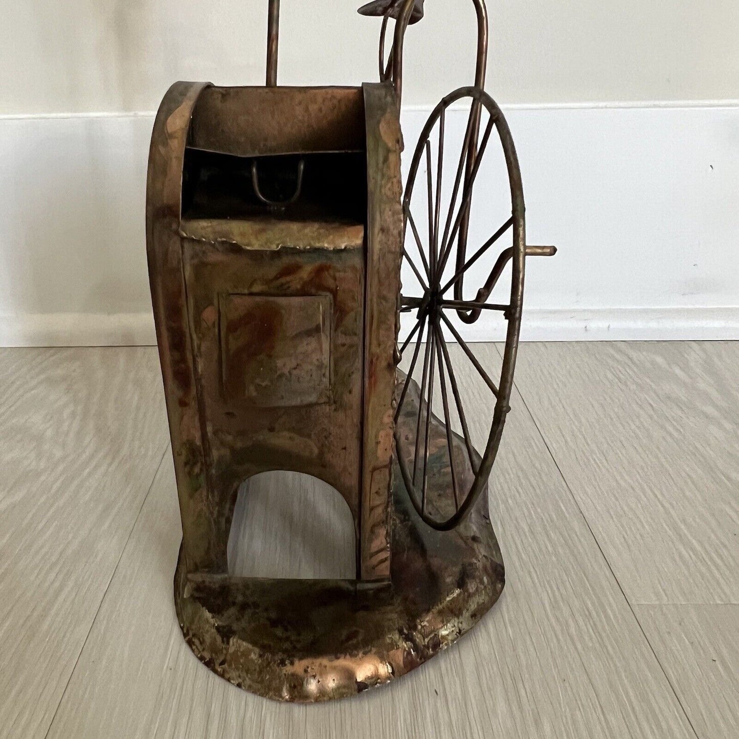 Vintage Brutalist Metal Art Copper Steampunk Penny Farthing Bicycle Mailbox