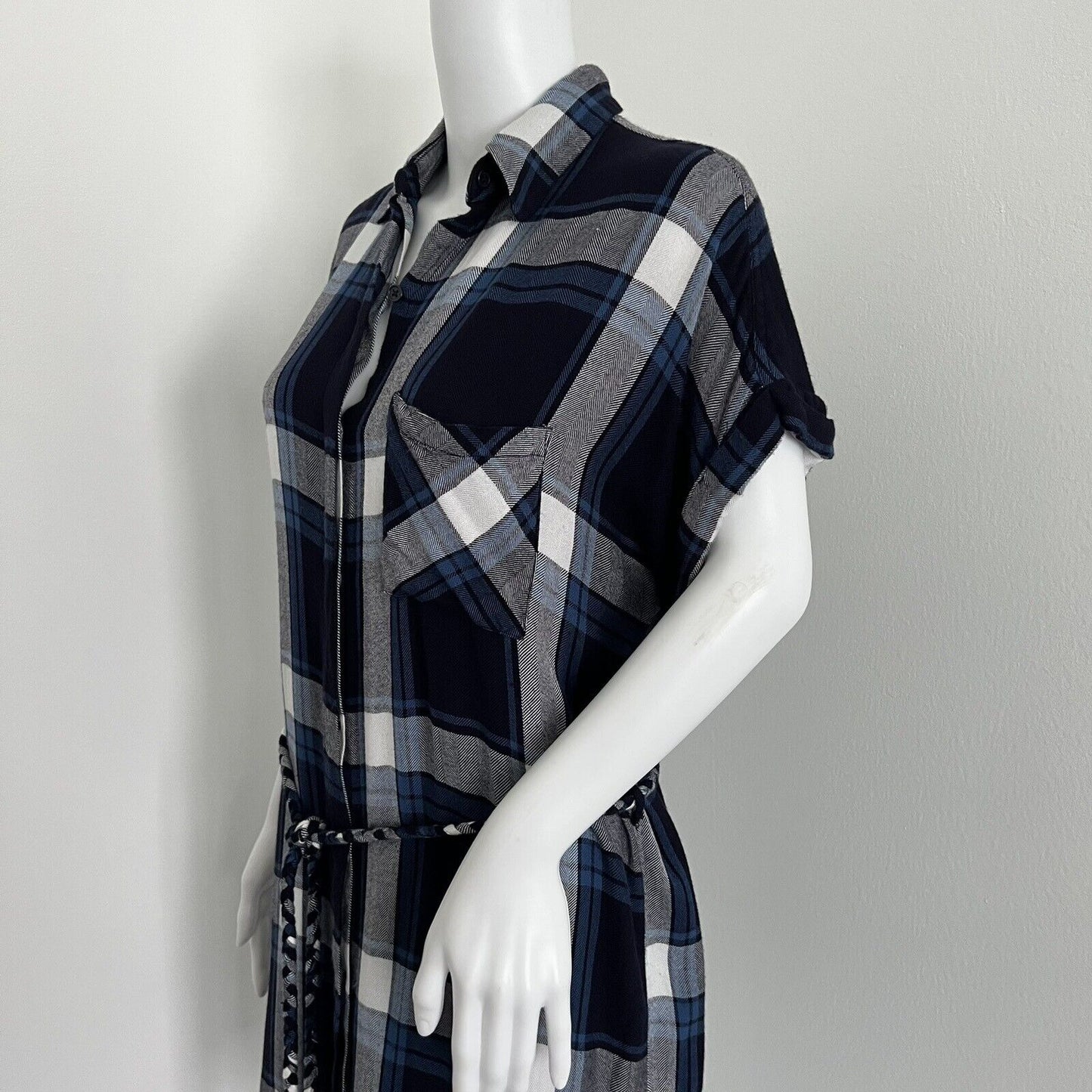 Rails Women Plaid Shirt Dress Size S Blue White Plaid Braided Belt Short Sleeve