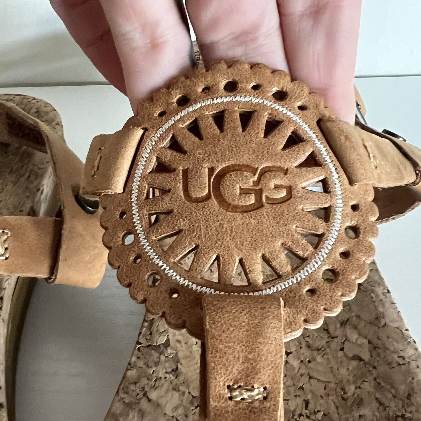 Ugg Women's Ayden II Sandals Size 6 Tan Leather Memory Foam Cork SN 1020063