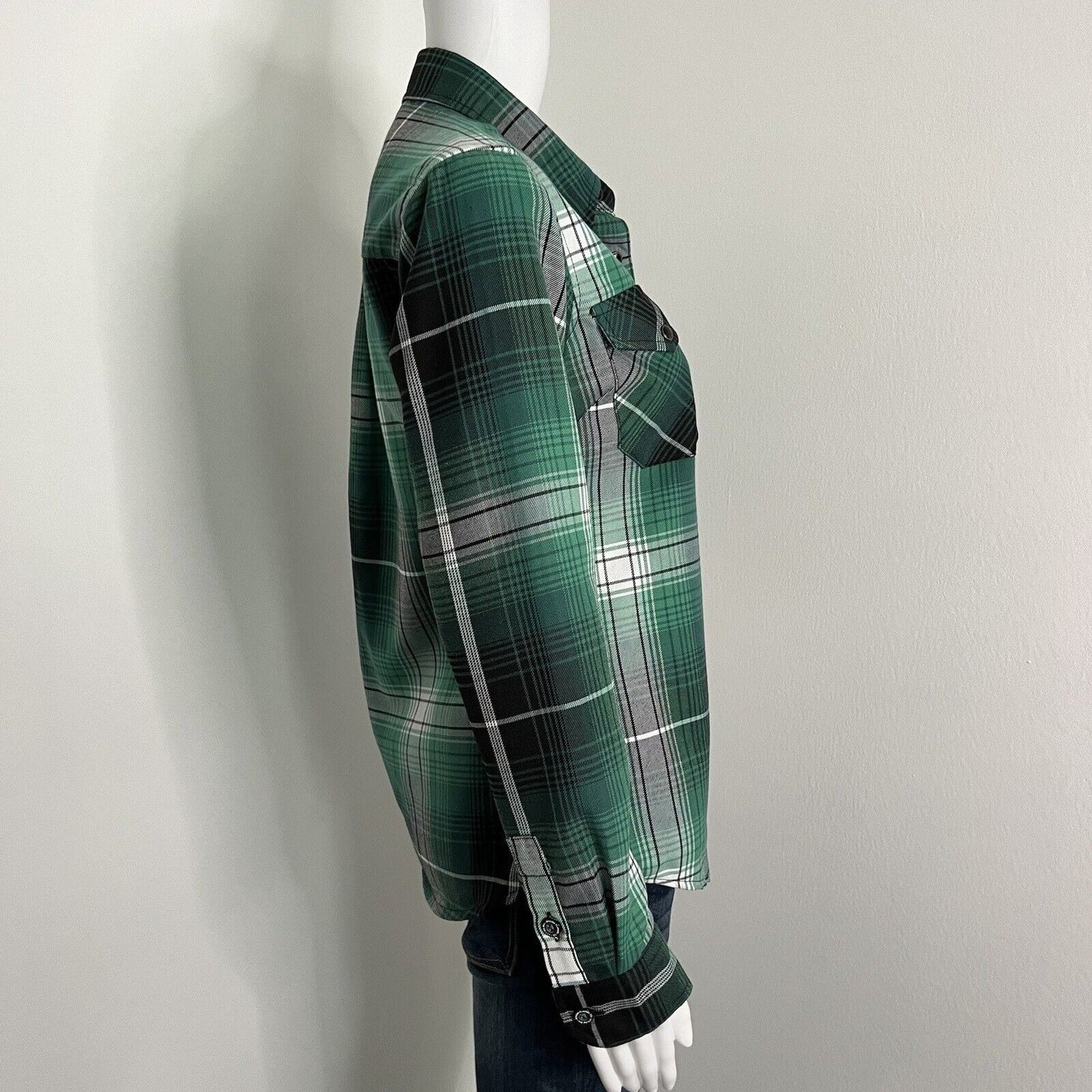 Dixxon Women's Reilly Flannel Shirt Size S Green Black Plaid Snap Front Luck