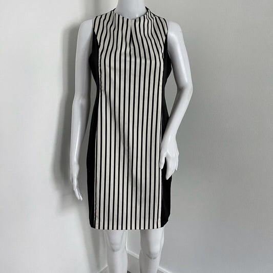 Karen Millen Satin Dress Size 8 Black White Stripe Cocktail Sleeveless High Neck