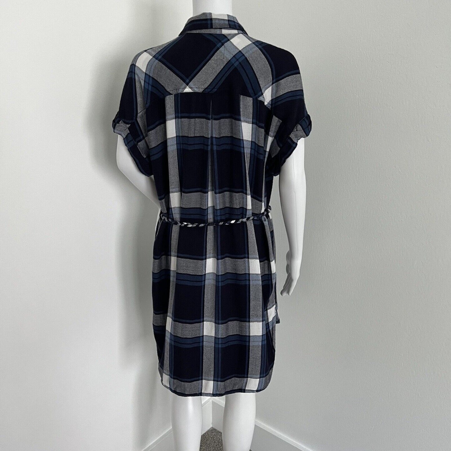 Rails Women Plaid Shirt Dress Size S Blue White Plaid Braided Belt Short Sleeve