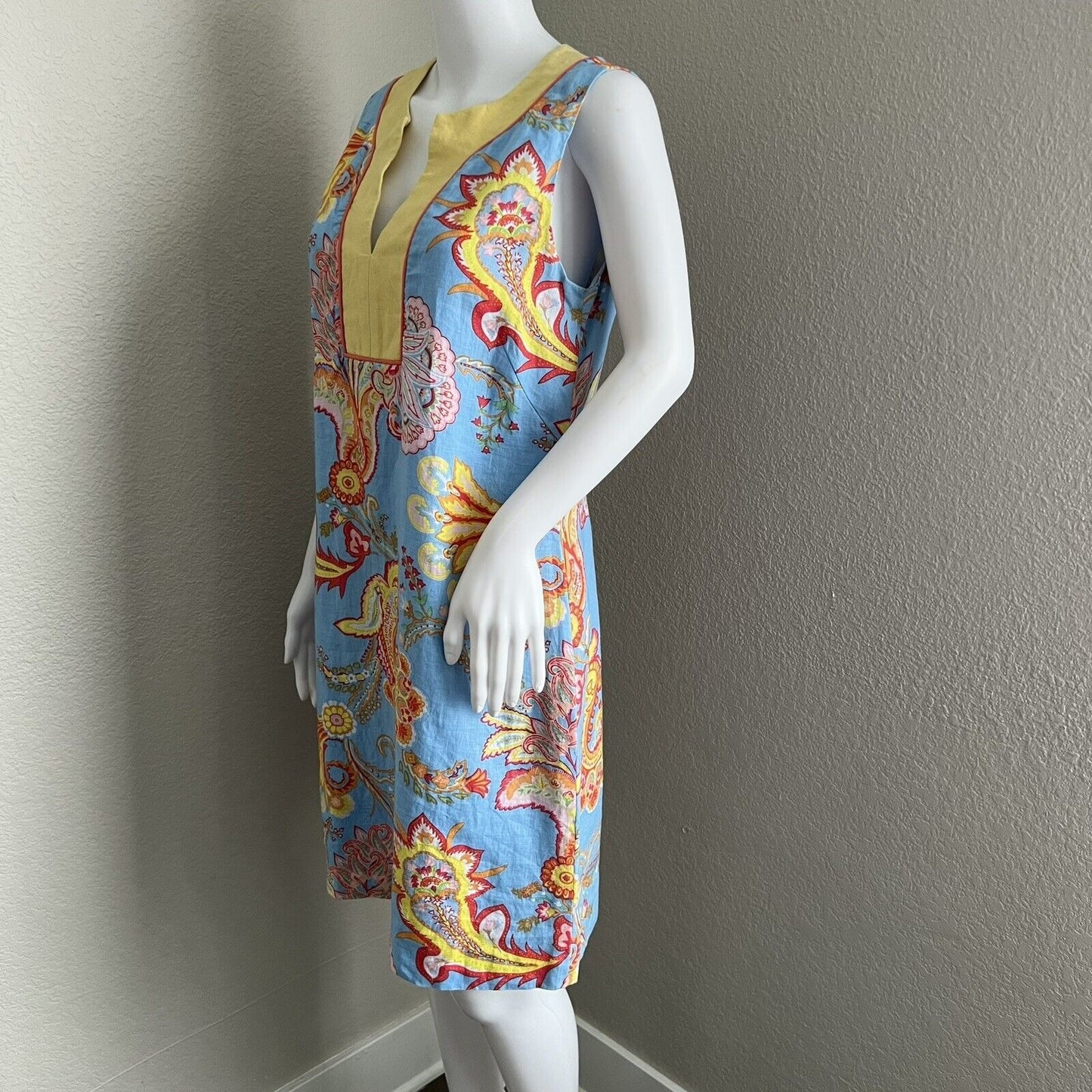 J McLaughlin Dress Size 8 Linen Shift Vneck Blue Yellow Paisley Floral