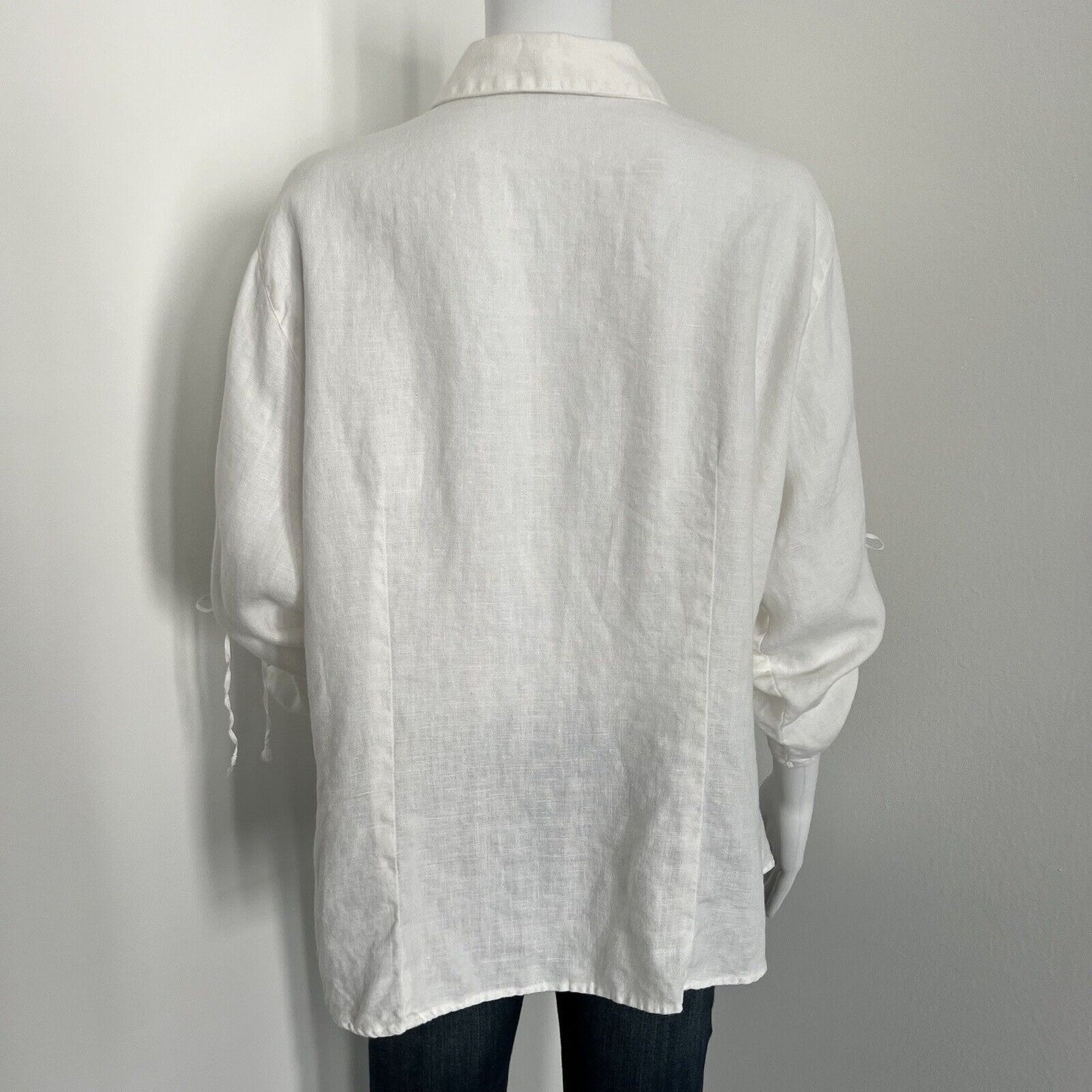 Cut Loose Womens Tunic Size XL White Collared Linen Lagenlook Tie Rouched Sleeve